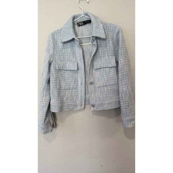 Zara Blue and White Tweed Cropped Long Sleeve Shacket Size Small 1752 - Picture 2 of 9